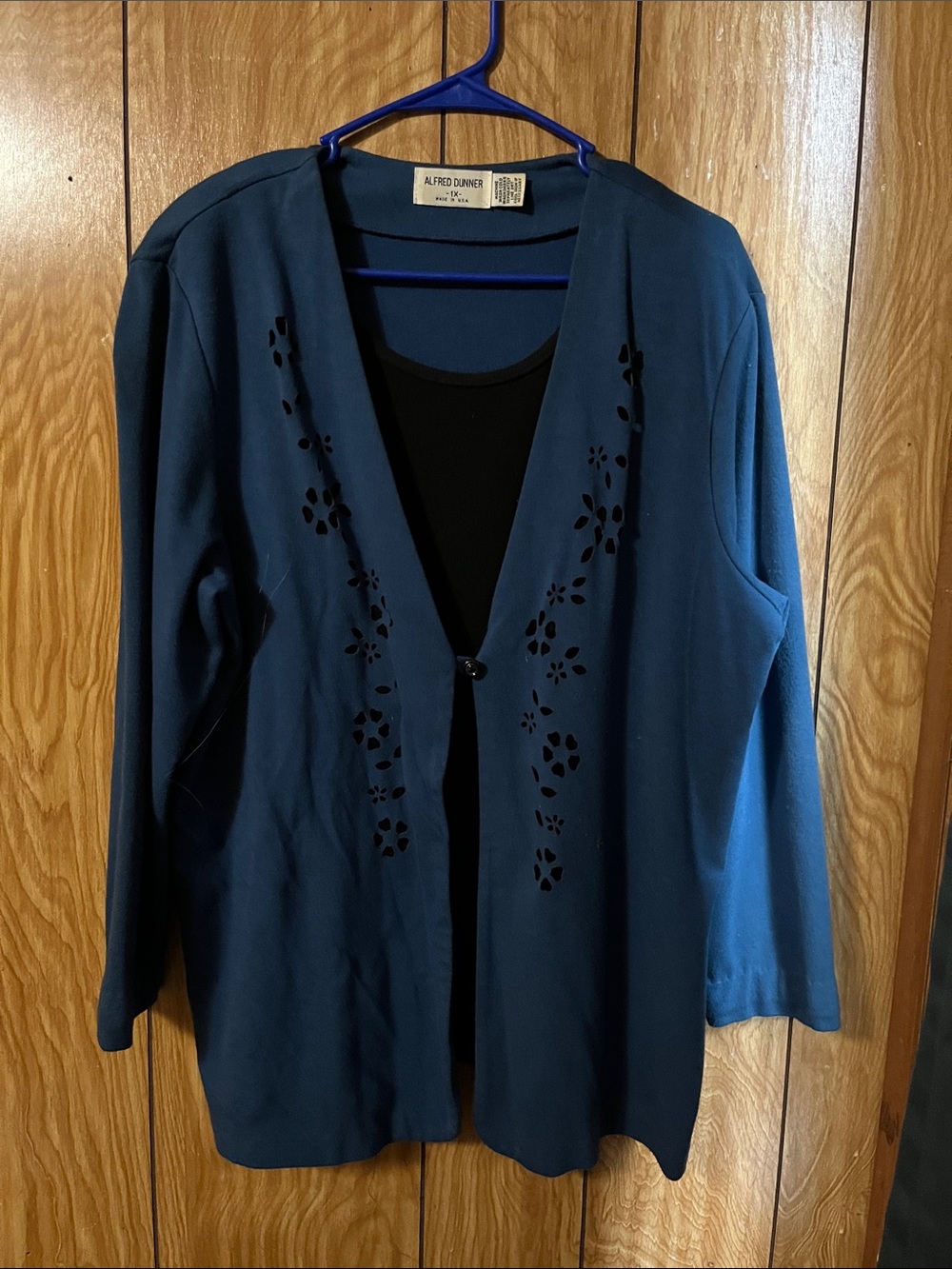 Alfred Dunner Deep Teal Open Front Cardigan with Floral Cutouts